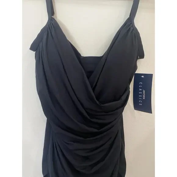 Jantzen Size 12 Surplice Draped One Piece Swimsuit Black Tummy Control NWT $92 - Picture 2 of 9